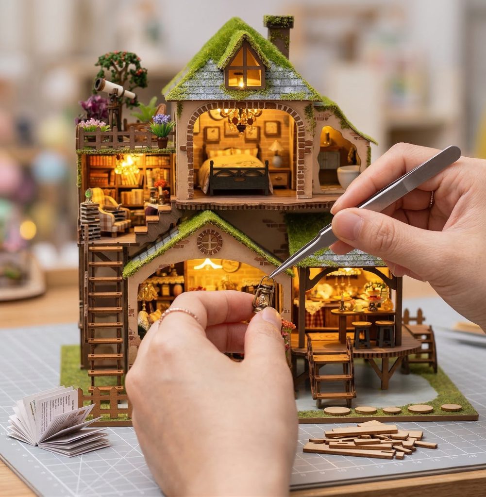 A completed DIY miniature glass greenhouse kit nestled in a whimsical forest setting with moss, tiny flowers, and soft bokeh fairy lights.