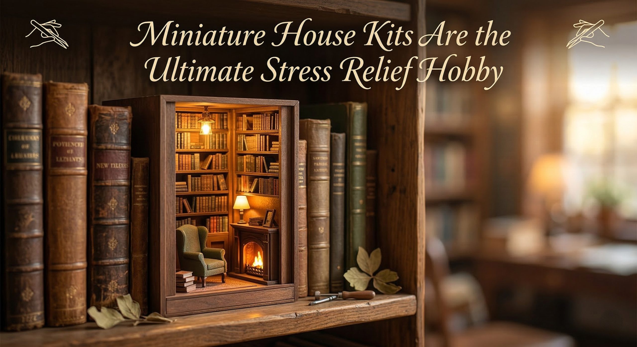 Library nook miniature house kit with warm interior lighting