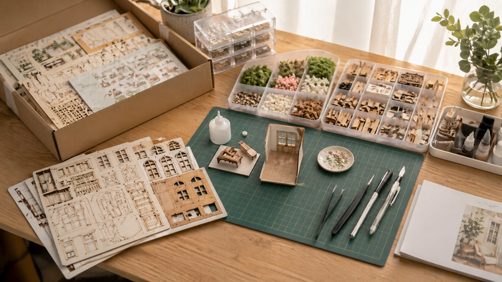 Organized workspace for building a miniature house kit