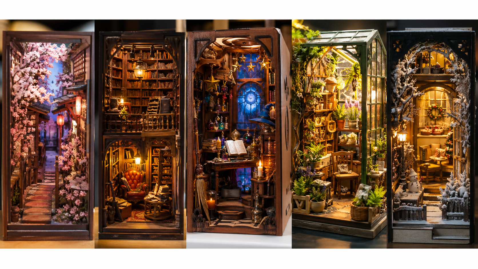 Different book nook miniature kit aesthetics compared