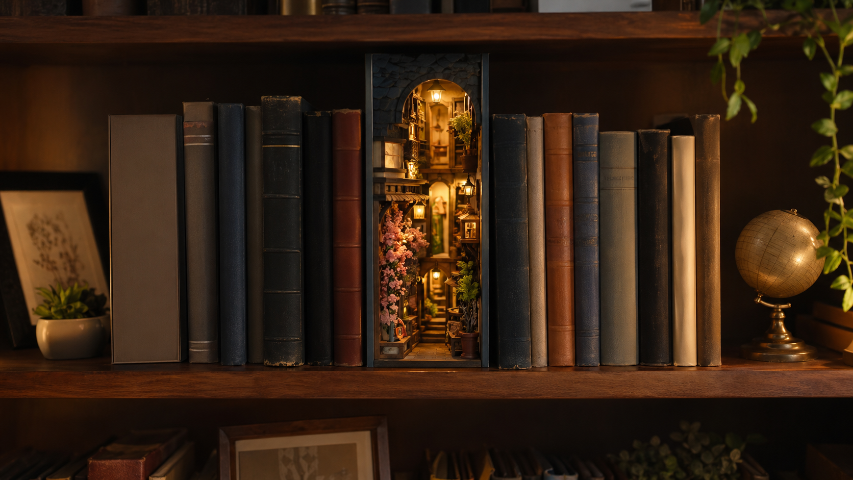 Book nook miniature kit placed on a bookshelf to show sizing and display
