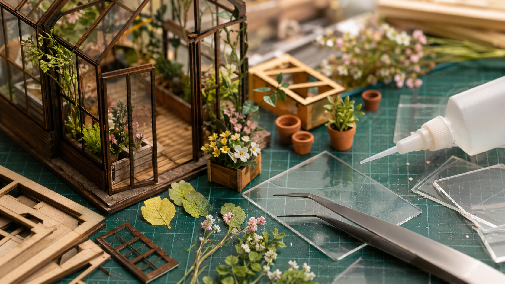 Close-up of botanical miniature kit parts and greenhouse building details
