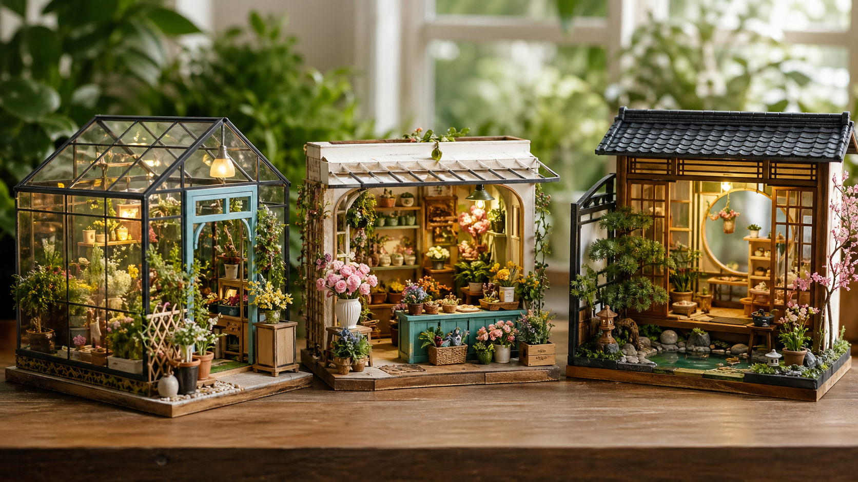 Miniature greenhouse, flower shop, and conservatory scene formats