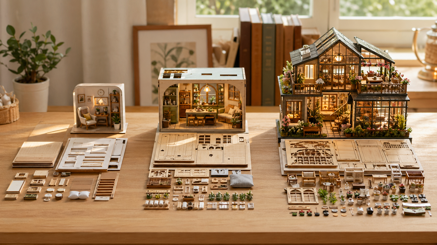 Miniature craft kits arranged by complexity and price tier